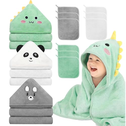 Image of 12 PCS Hooded Baby Towel Set, 32x32 Inch Absorbent Baby Bath Towels, 3 PCS Soft Hooded Towels & 9 PCS Washcloths, Ideal for Newborns, Toddlers, and Babies – Baby Bath Essentials (Green + Gray + White)