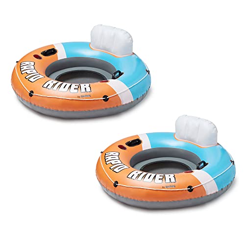 Bestway 43116E CoolerZ Rapid Rider Inflatable River Lake Pool Inner Tube Float with Built in Backrest and Wrap Around Grab Rope, Orange, 2 Pack