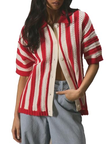 Womens Polo Collared Striped Short Sleeve Sweater Tops Button Crochet Summer Cropped Cardigan