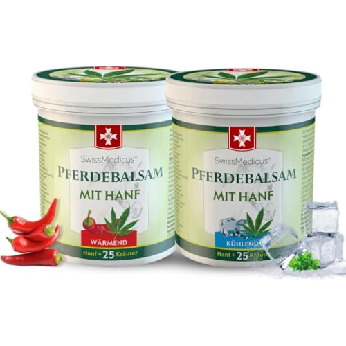 SwissMedicus Bálsamo de caballo con cáñamo refrescante y cálido, crema de masaje para músculos y ligamentos, ideal para deportistas, extractos de plantas naturales, 2 x 250 ml
