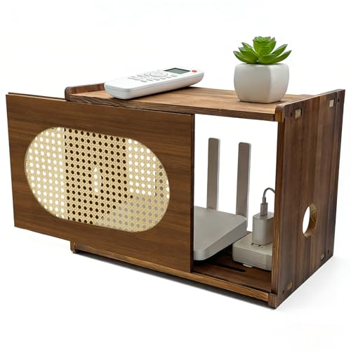 LIOIFIR Wooden Wi-Fi Router Box Hider Rattan Tabletop Cable Management Cabinet to Hide Modem & Cords Fits Routers up to 11 H Easy Assembly 16x10.4x12
