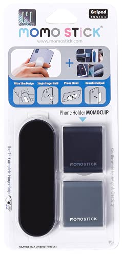 MOMOSTiCK   El original! Combi   Momoclip + Soporte para dedos para teléfono móvil   Anillo de soporte para teléfono móvil (Momostick combinado + Momoclip Matt serie   Negro)