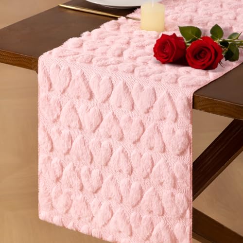 Pink Heart Valentine's Day Romantic Plush Faux Fur Jacquard Table Runner