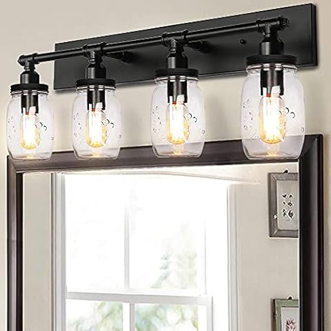 PUUPA Bathroom Vanity Light Fixtures, Industrial Black Vintage Wall Sconces with Glass Mason Jar Shades (4 Light) Cover