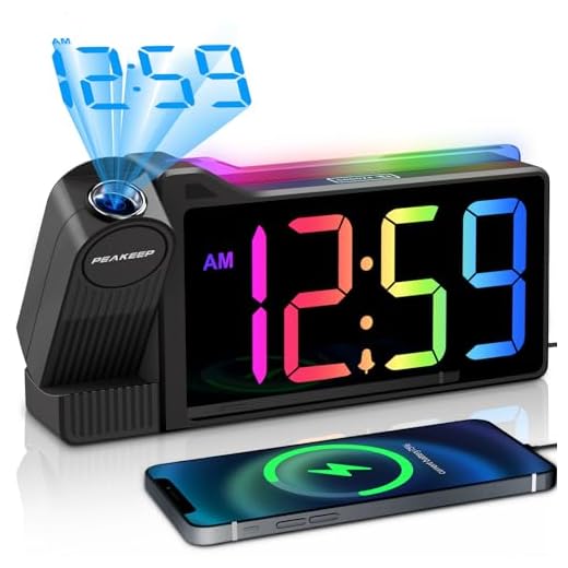 Peakeep Projection Alarm Clock for Bedroom Ceiling, Loud for Heavy Sleepers, RGB Nightlight, Multi-Color Large Display 5 Brightness Dimmer, Plug in Bedside Electric LED Digital Clock with USB Port