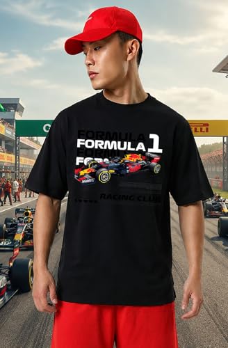 Image of Khakey Men's F1 Racing Graphic Printed Black T-Shirt | Formula 1 Back Print Drop Shoulder Tee | Motorsports Car Print Tshirt for Men & Women | Cotton Streetwear Tee's | Unisex Fit