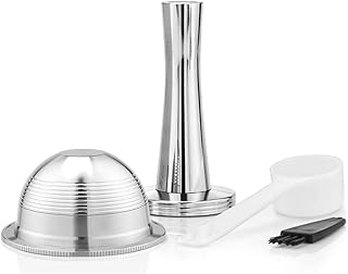Stainless Steel Refillable Capsules Reusable Coffee Pods Compatible for Nespresso Vertuo espresso Pods Refillable Capsules Fits Vertuolline GCA1 and ENV135 Series (capsule+tamper)