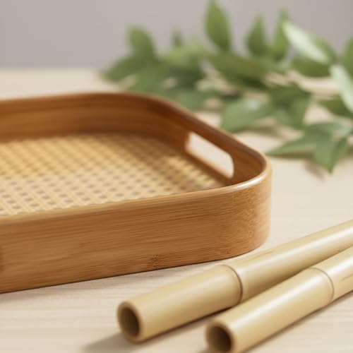 Image of Curated Cart Bamboo Serving Tray with Cut-Out Handles - Rattan Cane Woven Base - Eco-Friendly Rustic Tray for Coffee Table, Breakfast, Kitchen, Bathroom Decor - Lightweight, Durable - 33x22.5cm