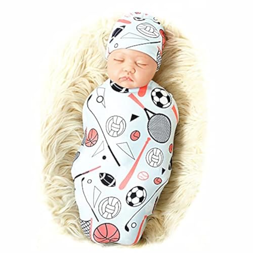 Image of Galabloomer Newborn Swaddle Blanket with Beanie Set Baby Boy Receiving Blanket Sports Ball