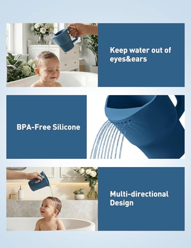 Image of Roslim Silicone Baby Bath Rinse Cup - Shampoo & Body Washing Rinser for Kids & Toddlers, Lightweight Bath Cups for Rinsing Hair, Easy-Grip Handle, Ultra Soft Material (Ocean Blue)