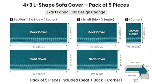 Image of Luxury Sofa Cover L Shape 7 Seater - Turquoise Diamond 4+3 Seater (7 Seater) Quilted Sofa Cover Set Pack of 5, Washable, Turquoise