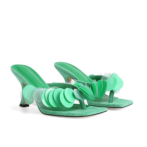 XBKXMK Green Sequin Kitten Heel Sandals for Women Strappy Square Open Toe Flip Flop Heels Comfortable Prom Party Dressy Slip on Thong Slides