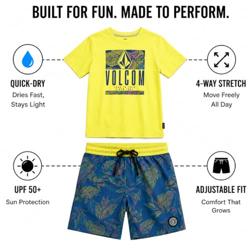 Image of Volcom Baby Boys Swim Set - 2 Piece Short Sleeve Swim Shirt Graphic Tees & Board Shorts - Infant Toddler Little Boys Swimsuit