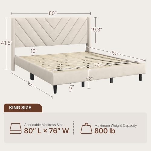 Image of Yaheetech King Bed Frame Upholstered Platform Bed /Wooden Slat Support /Tufted Headboard with Wing Side /Mattress Foundation /No Box Spring Needed,Beige King