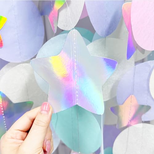 Image of 205Ft Pastel Party Decorations Circle Dot Backdrop Streamer Pastel Tissue Paper Polka Dots with Iridescent Star Hanging Garland for Birthday Wedding Bachelorette Engagement Party Supplies