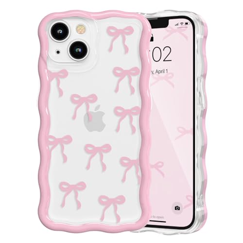 Coque iPhone 15 Nœud Rose : Étui Ondulé Esthétique pour Vos Sorties en Café