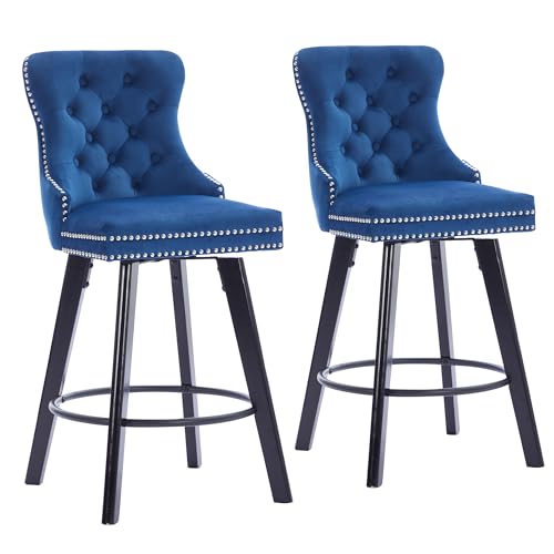 Image of YITAI Modern Swivel Set of 2 Velvet Barstools with Large Backrest and Sturdy Metal Footrest,Button Tufted Rivet Trim Dining Room Chairs with Metal Pull Ring for Kitchen Island,Home Bar,Bistro, Blue