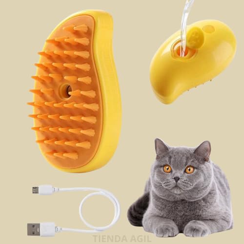 Image of Hair Brush for Pets with Steam Function, Soft Rubber Bristles, Water or Essential Oil Reservoir, Non-Slip Grip, Easy Cleaning, for Dogs and Cats (Yellow)