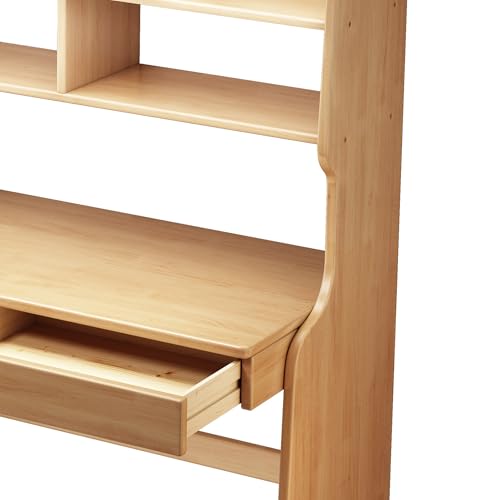 Image of Kids Desk＆Table with Shelves and Drawers Wooden Kids Media Desk Student Learning Computer Workstation and Writing Desk (Natural)