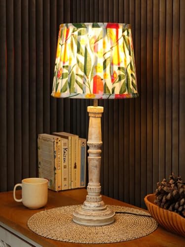 Image of Green Girgit Wooden Distress White Empire Lamp with Pleeted Multicolor Yellow Leaves Lamp Shade