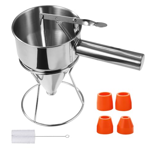 Teigspender Teigportionierer,600ml Pfannkuchen Teigspender,Edelstahl Teigspender mit Ständer, Reinigungsbürste und 4 Ersatzdüsen Geliefert,für Pfannkuchendesserts (600ML)
