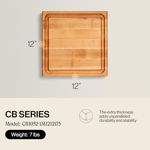 John Boos CB Series Square Wooden Maple Cutting Board 12”x12” – 1.75” Thick, 7-lb Reversible Butcher Block with Juice Groove, Edge-Grain & Finger Grips – Made in the USA