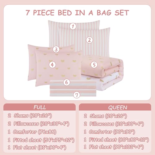 Full Size Comforter Sets with Sheets for Girls-7 Pieces Full Size Bedding Sets with Pink Comforter, Sheets, Pillowcases & Shams for Kids (Pink Gold Bow, 76" X 86")
