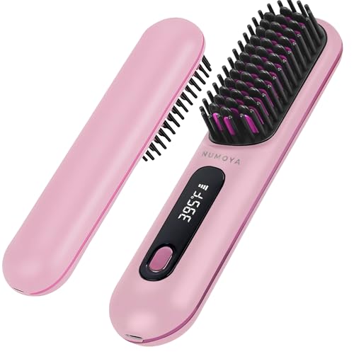NUMOYA Go Brush Pro Portable Cordless Hair Straightener Brushs for Travel with 30s Fast Heat 3 Temperature Settings (Pink)