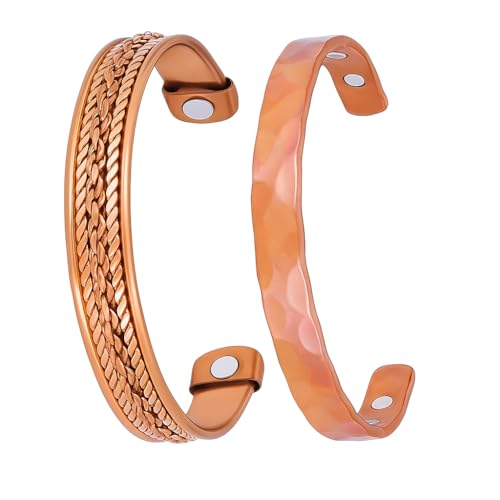 Coppervast Copper Bracelets- for Men and Women| Set of 2 with Gift Box| Gift for Women & Men| Handmade 100% Copper (Hammered and Chain Inlay)