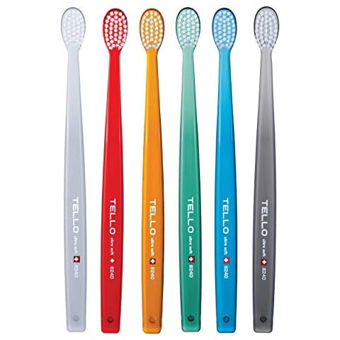 TELLO 6240 Adult Ultra Soft Swiss Toothbrush for Gentle Cleaning with Ergonomic Handle, Assorted Colors,6 Count Cover