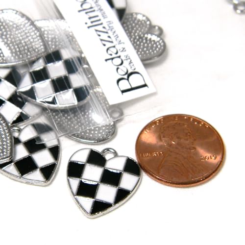 12 Black & White Checkered Racing Flag Heart Shaped Silver & Enamel Race Finish Silver Metal Charms2
