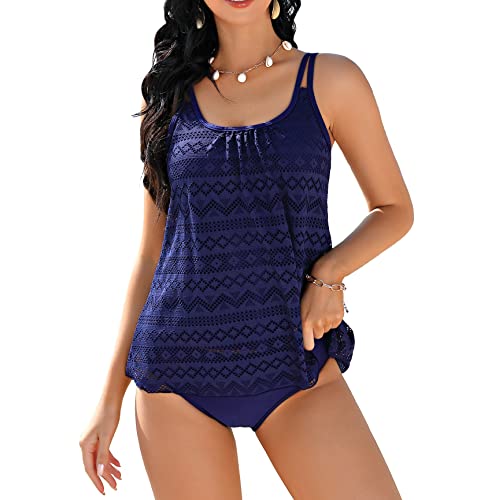Clearlove Frauen Tankini Set mit Boyshort zweiteiligen Badeanzug,Dunkelblau-spitzeXXL