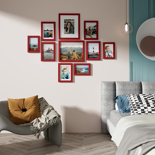 Image of Vittanly 10 Pack Picture Frames Collage Wall Decor, Gallery Frame Set for Wall Mounting or Tabletop Display, Multi Sizes Including 2pcs 8x10, 4pcs 5x7, 4pcs 4x6, Red