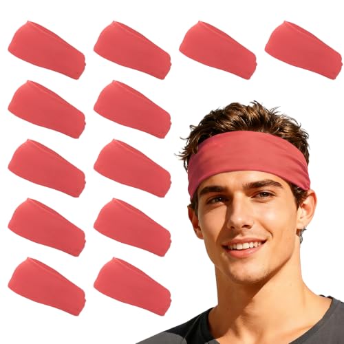YELARXI Sport Headbands for Men 12 Pcs Watermelon Red | Workout Headbands Stretchy Sweatband Absorbent Head Bands - Fitting for(Men Women/Yoga/Sports/Running/Fitness/Cycling)