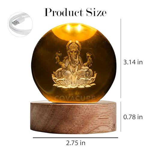 Image of COVACURE 3D Ganesh Crystal Ball Night Lamp, Crystal Ball Night Light with USB, LED Wooden Base Table Lamp for Bedroom Home Office Decor Birthday Gift for Boys Girls (Ganesha 3D Lamp)