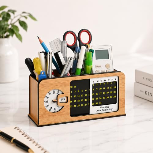 Image of GKD Wooden Desk Organizer with Perpetual Calendar & Pen Stand for Office Desk, Study Table Accessories, Multipurpose Stationery Holder with 3 Compartments, Retro Radio Design Table Decor for Home, Office & Students