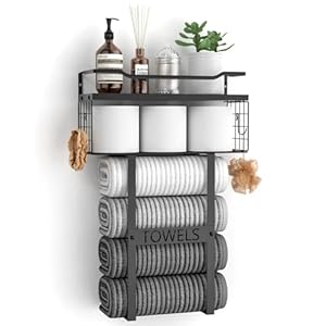 Wall Mounted Towel Rack for Bathroom – Bath Storage Holder Set Above Toilet, Rolled Towel Shelf Organizer, Wood Vertical Rack for Small Bathroom Decor, Black