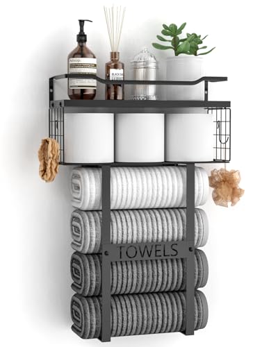 Top 10 Picks for the Best Towel Rack for Small Bathroom 6 Wall Mounted Towel Rack for Bathroom - Bath Storage Holder Set Above Toilet, Rolled Towel Shelf Organizer, Wood Vertical Rack for Small Bathroom Decor, Black