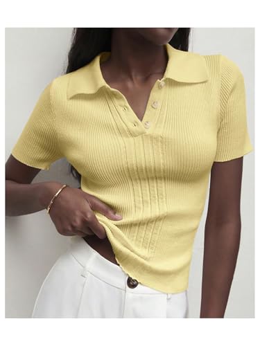 Floerns Women's Short Sleeve Sweaters Button Collared Knit Fitted Pullover Tops2