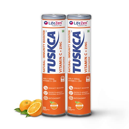 Tuskca Vitamin C + Zinc, Natural Amal Extract For Antioxidant, Immunity booster | Helps to boost & Strengthens Collagen for Healthy Skin | 1000Mg 20 Effervescent Tablet (Pack of 2)-Orange Flavour