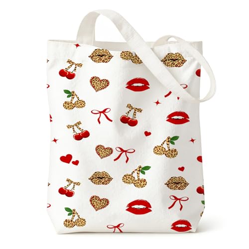 Image of Leopard Print Canvas Tote Bag, Cherry Canvas Tote Bags for Women, Reusable Bow Shoulder Bag, Large Capacity Shopping Bags for School, Work & Travel, Leopard Print Gifts for Girls, Sister and Mum