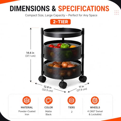 Image of Homeor 2 Layer Kitchen Trolley with Wheels | 360 Rotating Metal Storage Rack for Vegetables, Fruits, Onion & Spices | Round Multipurpose Kitchen Organizer Stand | Metal Kitchen Trolley, Matte Black
