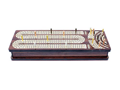 Tablero y caja de cribbage continuo House of Cribbage, incrustado en palisandro y arce: 4 pistas, cajones laterales con campos para marcar skunks, esquinas y partidas ganadas miniatura 4