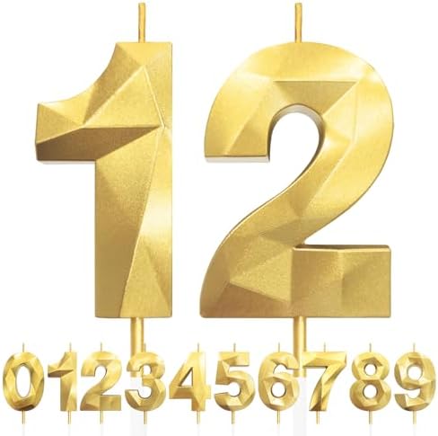Gold Number 12 Birthday Candles - 3D Cake Topper Decorations For Anniversary Celebration