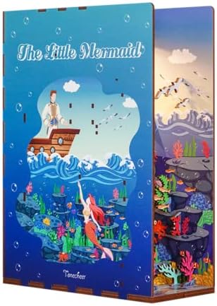 Tonecheer The Little Mermaid DIY Wooden Bookend, Creative Booknook, 3D Puzzle Decorative Bookshelf Insert Diorama Kit with Led Light and Body Sensor