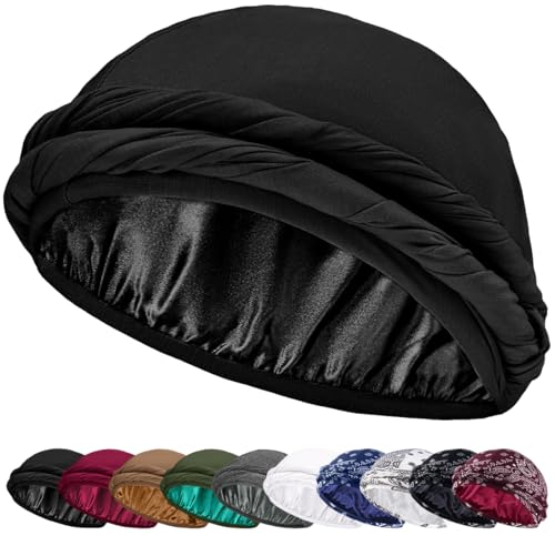 Ababalaya Adjustable Satin Lined Halo Turban Durag for Men &Women, Sleeping Bonnet, Beanie Hats, PRE-Tied Headwraps for Hair Loss Black
