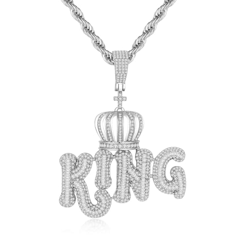 Silver Crown King Pendant Necklace for Men Stainless Steel Rope Chain Ice Out Pendant with Imitation Diamond Mens Necklace Hiphop Jewelry Gift