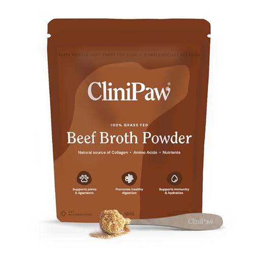 CliniPaw Beef Bone Broth Powder for Dogs 180g 100% Grass-Fed High Collagen and Protein | Supports Joints Digestion Immunity and Healthy Skin & Coat | Tasty Meal Enhancer Easy Gravy | 51 Servings