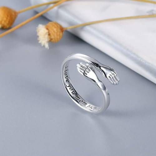 LOVECOM S925 Sterling Silver Hug Ring for Women Adjustable Mother Daughter Hugging Hand Rings Hug from Heaven Hope Ring I Love You Mom Jewelry Birthday Mothers Day Gifts for Mom Wife (I love you mom, US Size 8) by LOVECOM - Image 3