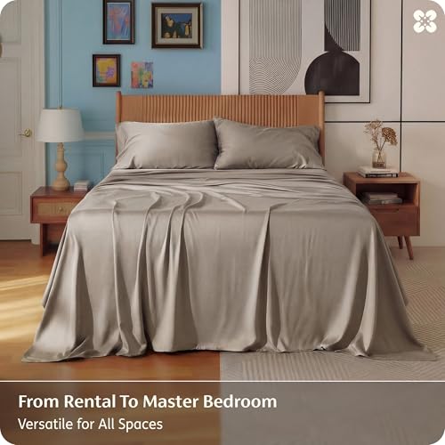 Image of Bedsure King Size Sheets Set, Cooling Sheets for Hot Sleepers, Rayon Derived from Bamboo, PureWoven, Breathable & Soft, Deep Pocket Up to 16 Inches, Hotel Luxury Silky Bedding, Simply Taupe